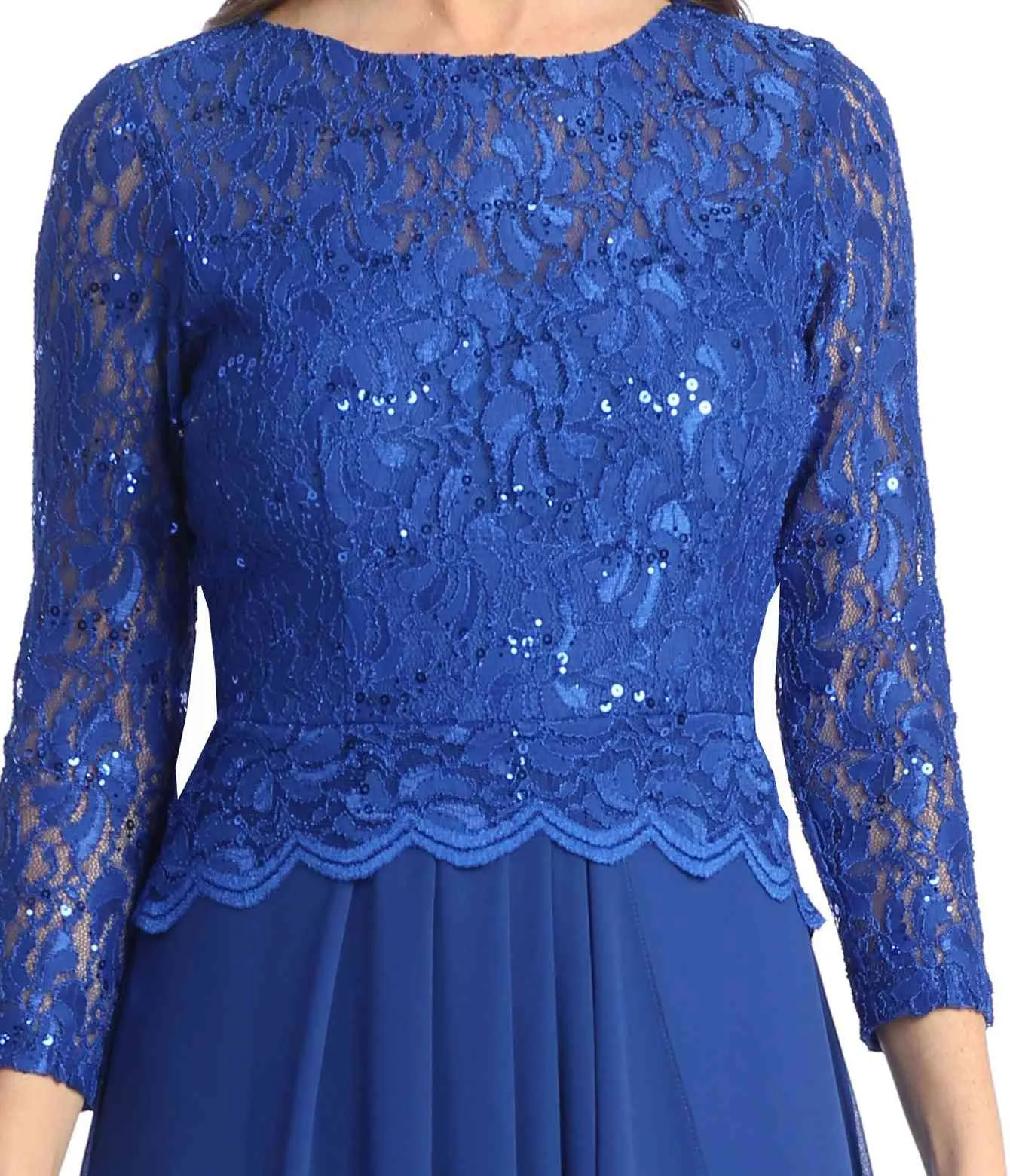 Celavie 6550-L Full Length Long Sleeve Evening Gown Lace Top High Neck