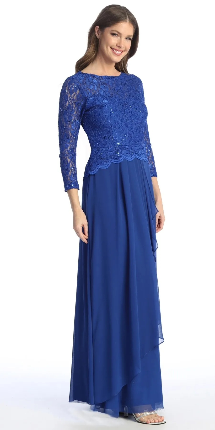 Celavie 6550-L Full Length Long Sleeve Evening Gown Lace Top High Neck