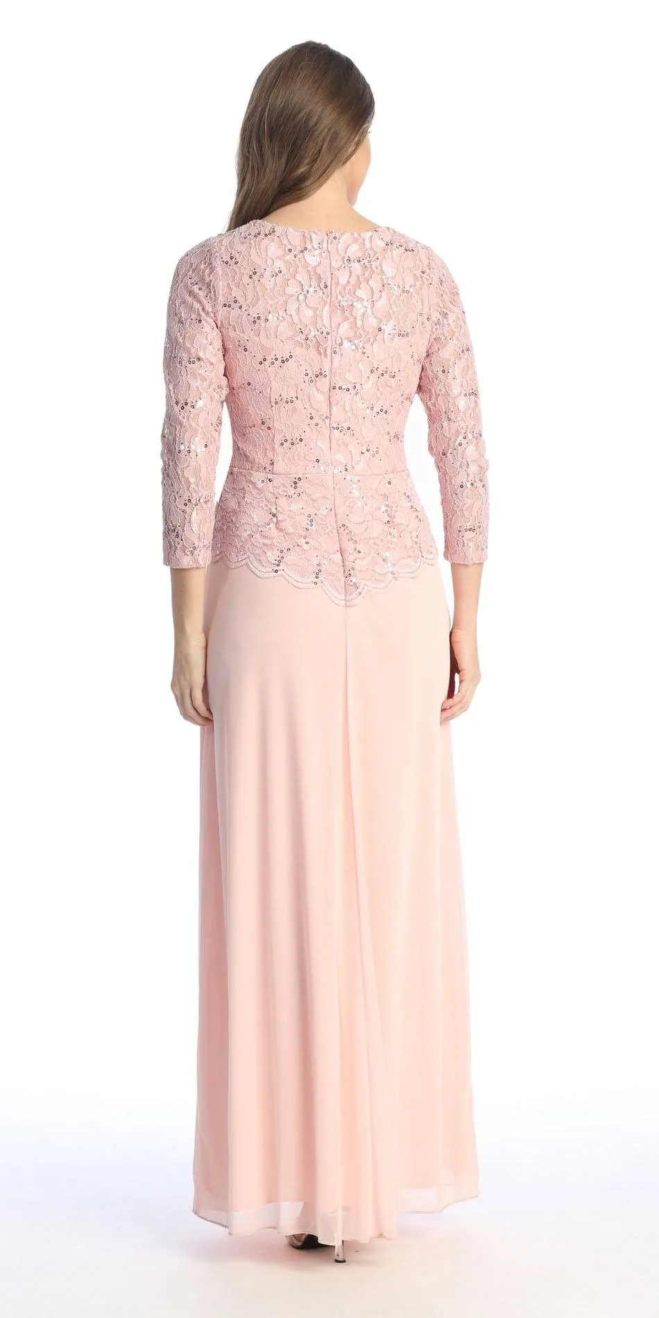 Celavie 6550-L Full Length Long Sleeve Evening Gown Lace Top High Neck