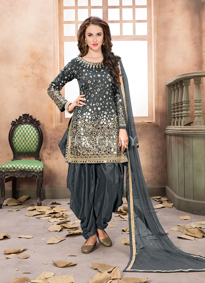 Charcoal Grey Mirror Work Punjabi Suit