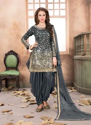 Charcoal Grey Mirror Work Punjabi Suit