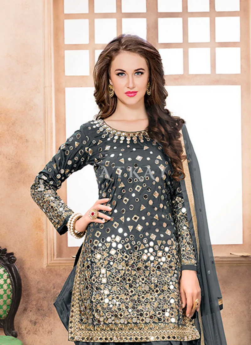 Charcoal Grey Mirror Work Punjabi Suit