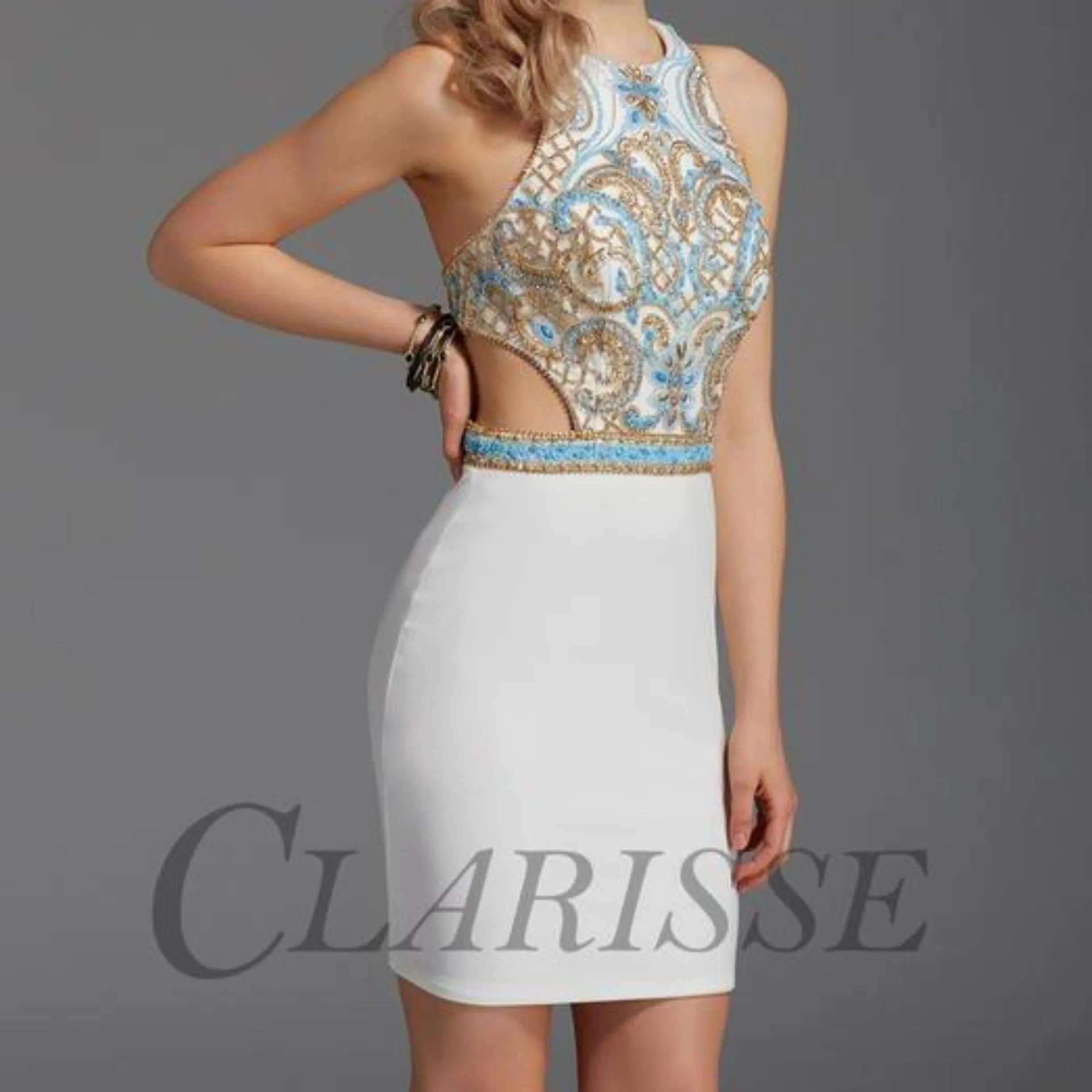 CLARISSE White & Multi-color Embellished Top Short Dress Size 9/10