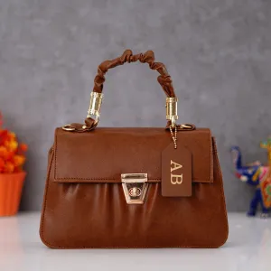 Classy Leather Customized Chain Sling Bag with Handle - Tan