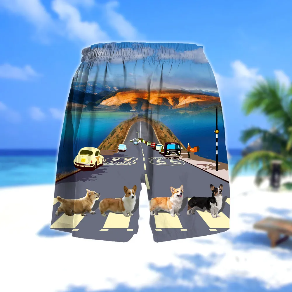 Corgi Cross the road- Men Hawaii Beach Shorts