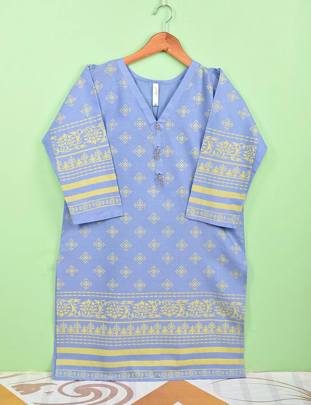 Cotton Printed Stitched Kurti Embellished With Tassels On Neckline - (TS-073A-BluishPurple)