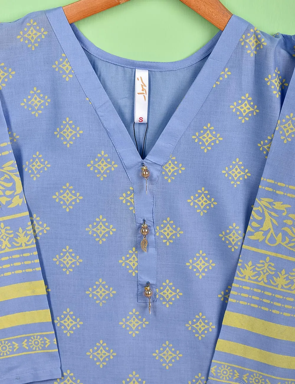 Cotton Printed Stitched Kurti Embellished With Tassels On Neckline - (TS-073A-BluishPurple)