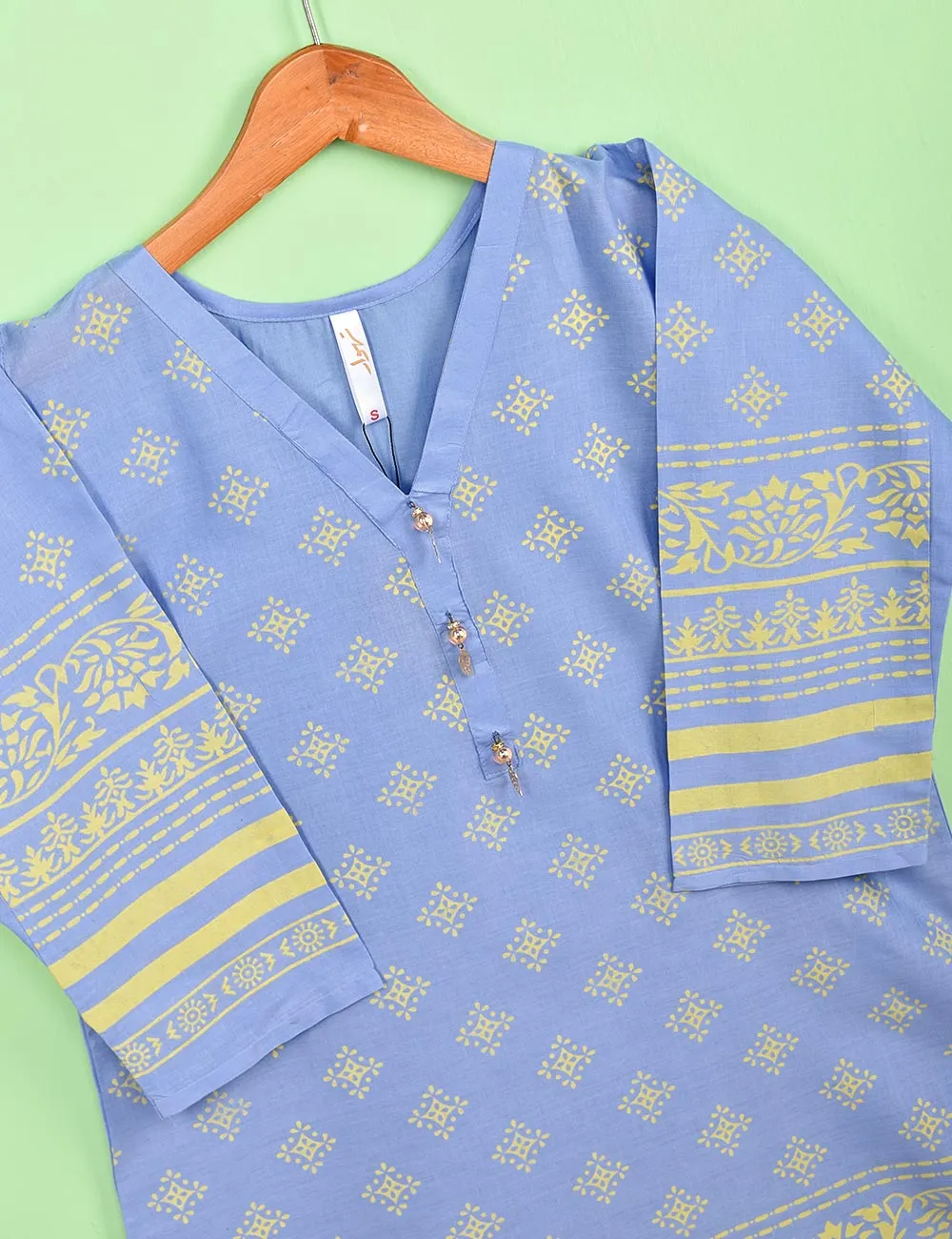 Cotton Printed Stitched Kurti Embellished With Tassels On Neckline - (TS-073A-BluishPurple)