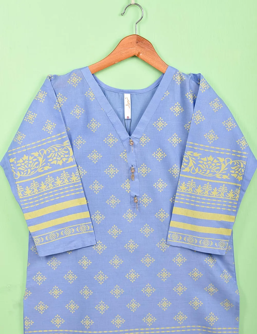 Cotton Printed Stitched Kurti Embellished With Tassels On Neckline - (TS-073A-BluishPurple)