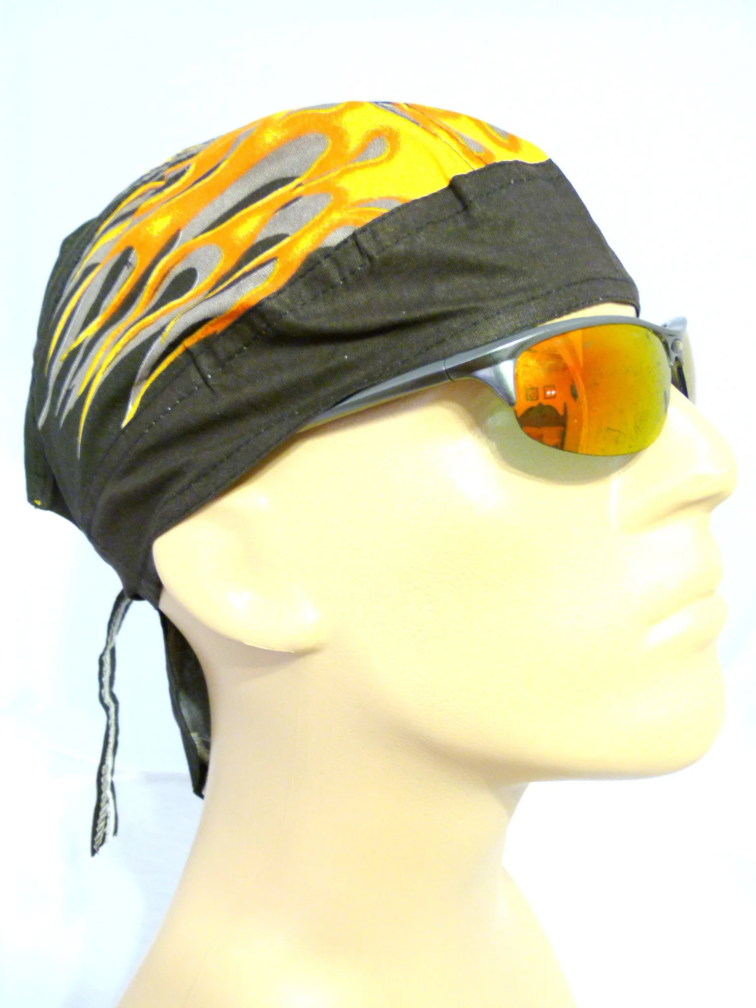 Doo Rag with Side Flames Black Head Wrap Durag Skull Cap Cotton Sporty Motorcycle Hat
