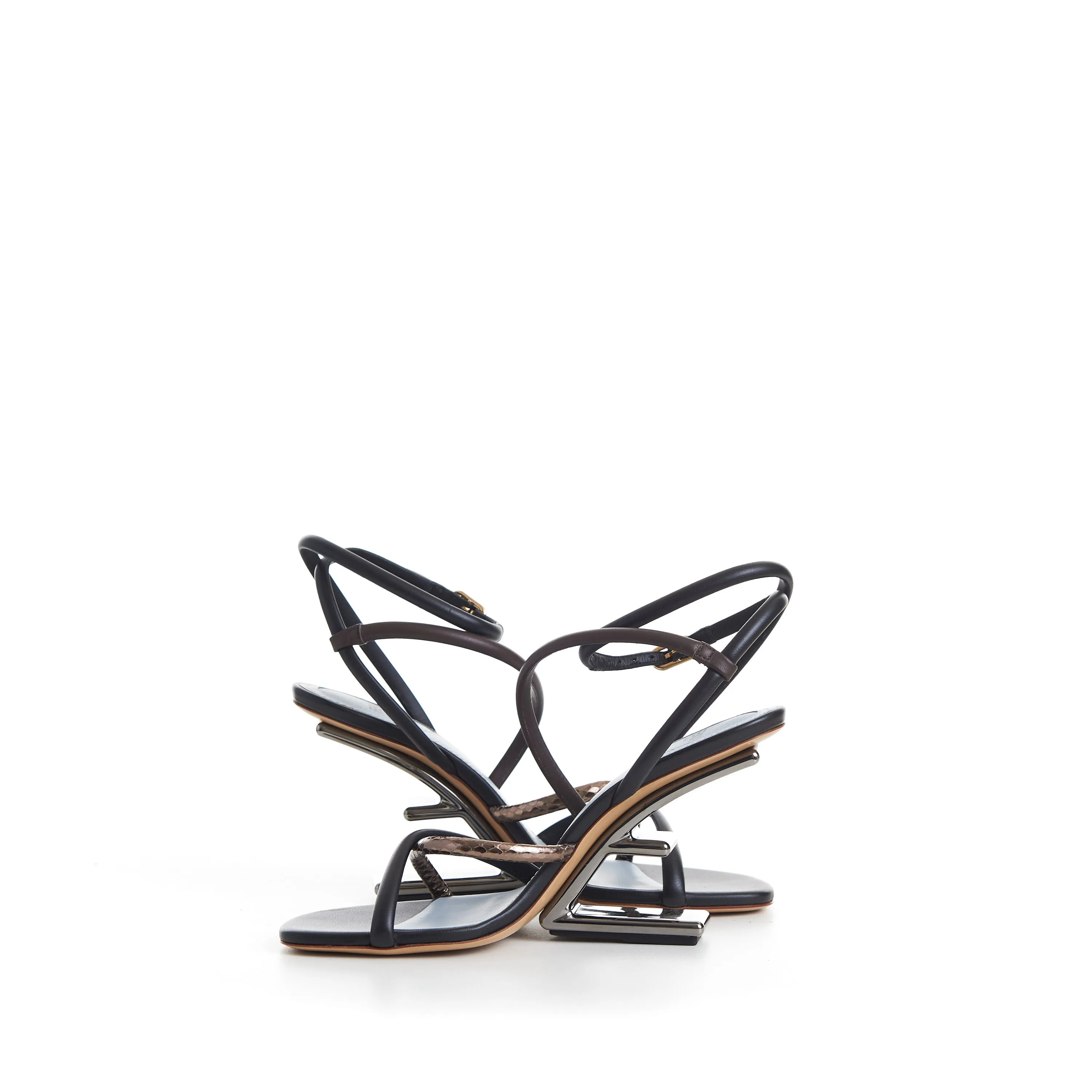 FIRST High Heel Sandals, Brown Black Nappa Leather, F Shape Heel
