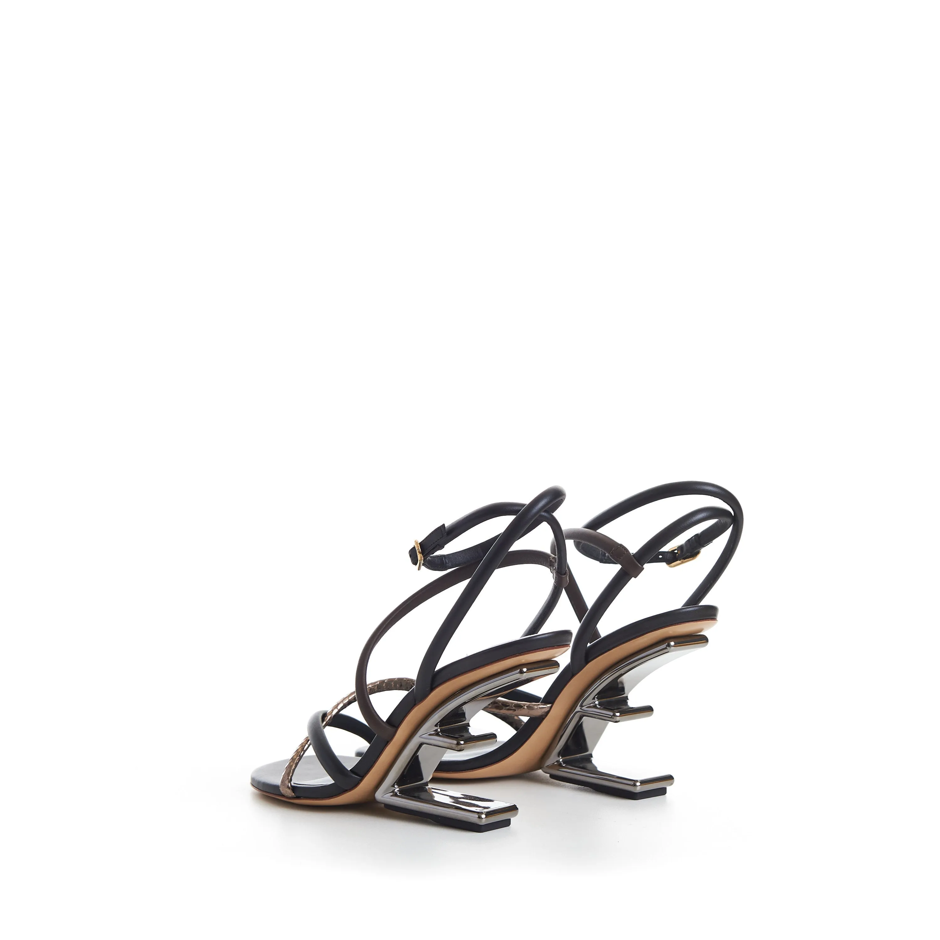 FIRST High Heel Sandals, Brown Black Nappa Leather, F Shape Heel