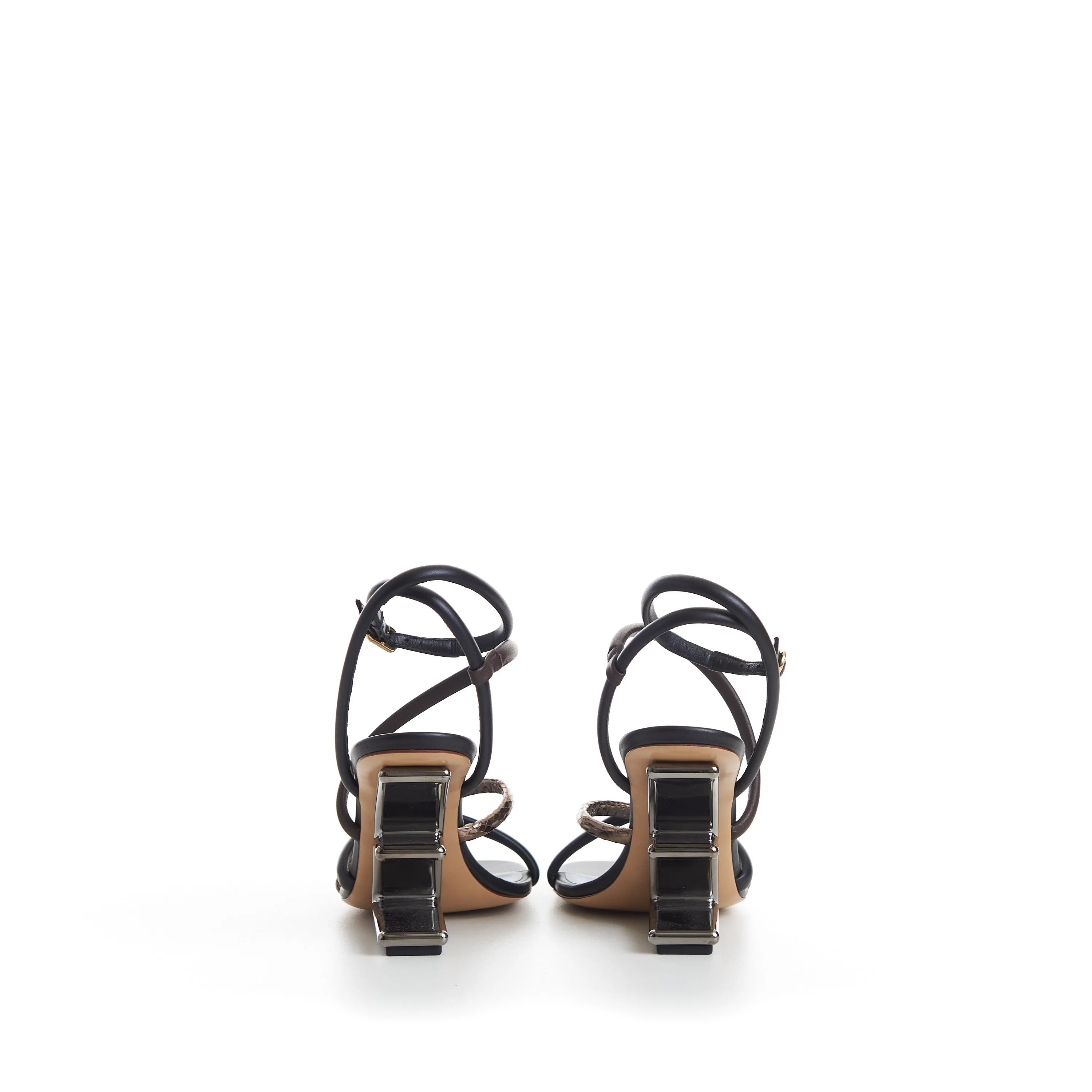 FIRST High Heel Sandals, Brown Black Nappa Leather, F Shape Heel