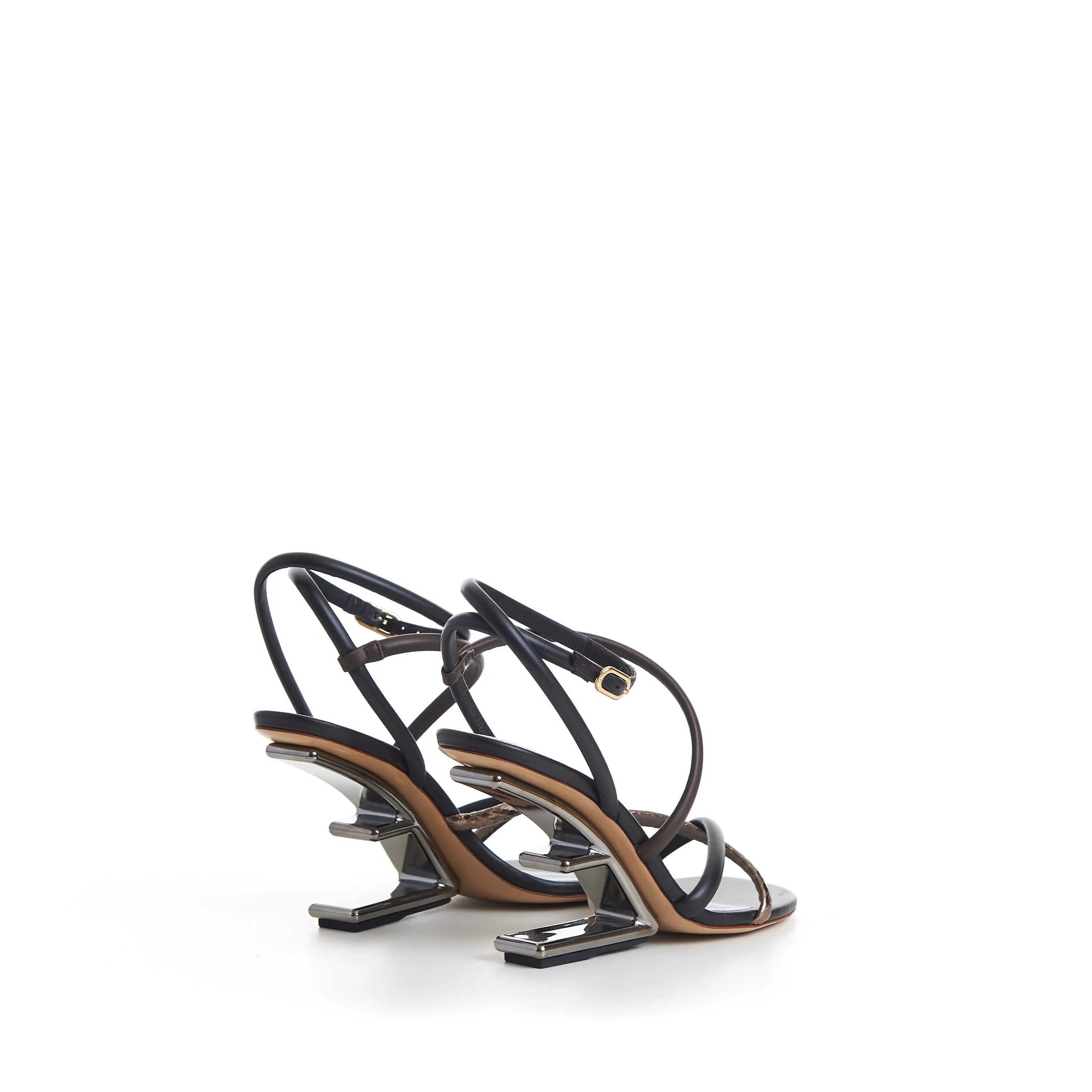 FIRST High Heel Sandals, Brown Black Nappa Leather, F Shape Heel