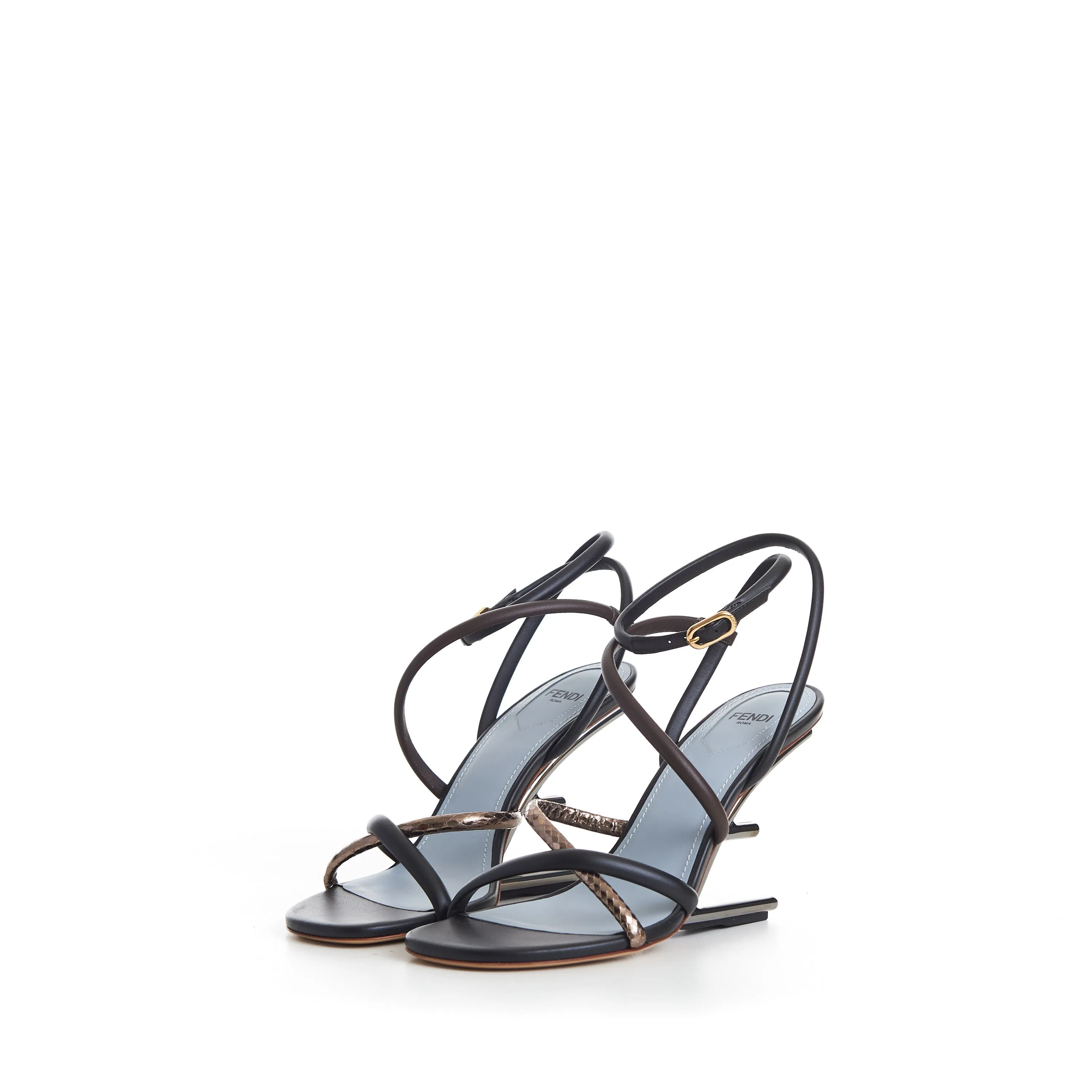 FIRST High Heel Sandals, Brown Black Nappa Leather, F Shape Heel