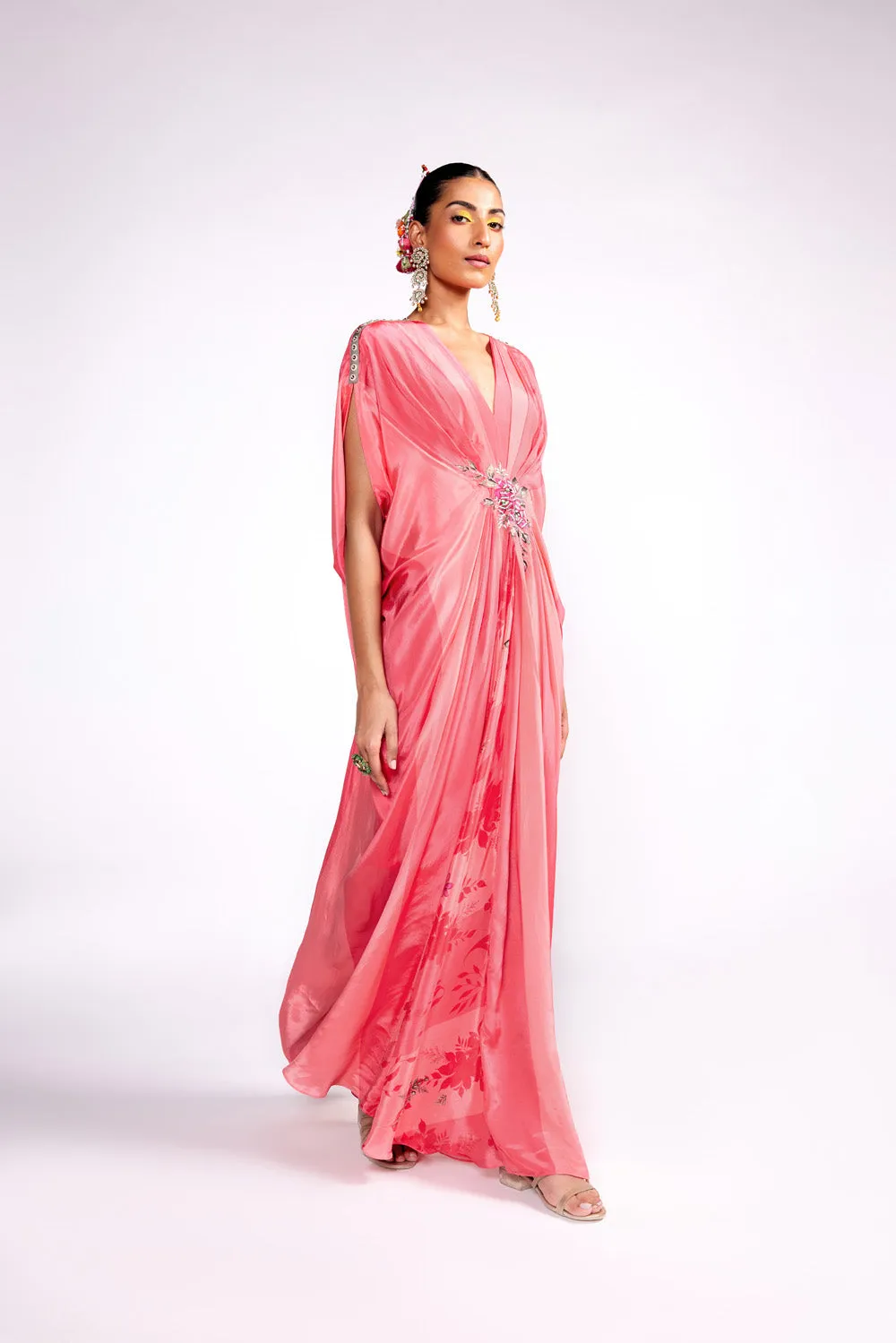 Flamingo Pink Color Block Drape Kaftan