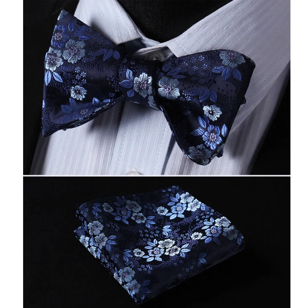 Floral Mens Silk Self tie Bow Tie with Pocket Squares Set