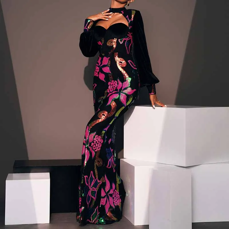 Floral Sequin Prom Dress Cutout Lantern Sleeve Mermaid Gown Dress