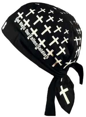 God Bless Fallen Soldiers Bandana Dorag Skull Cap Black White Doo Rag with SWEATBAND Military Cotton Durag