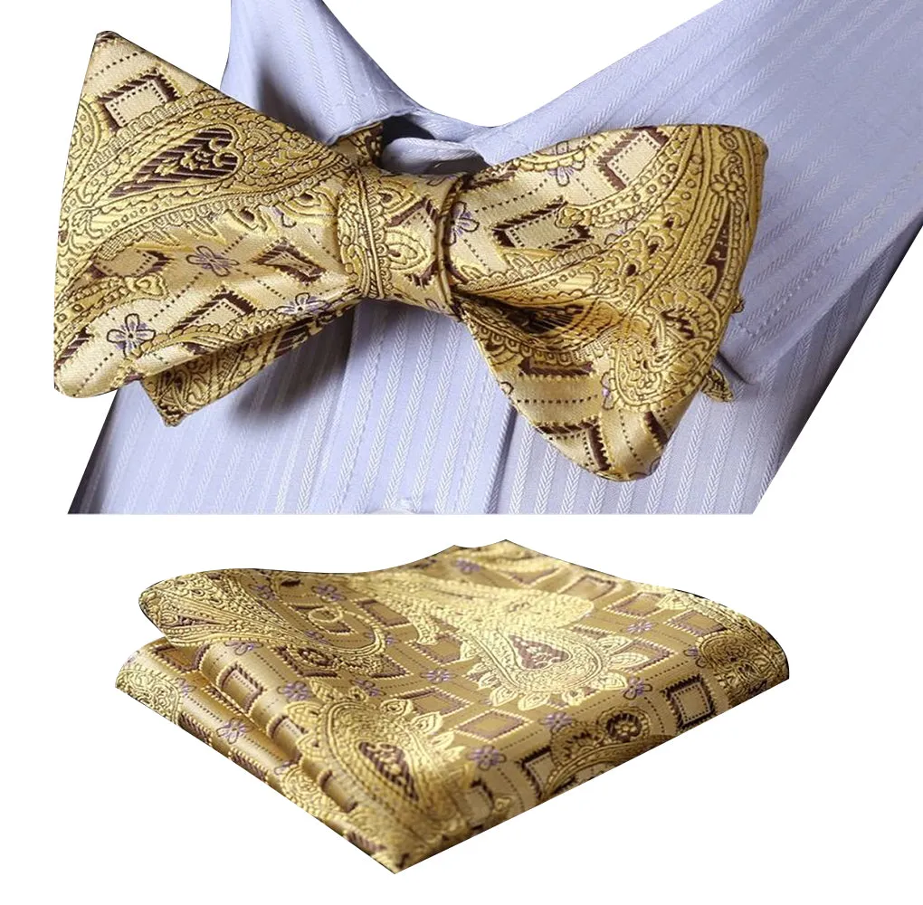 Gold Black Paisley Mens Silk Self tie Bow Tie with Pocket Squares Set