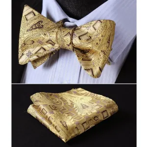 Gold Black Paisley Mens Silk Self tie Bow Tie with Pocket Squares Set