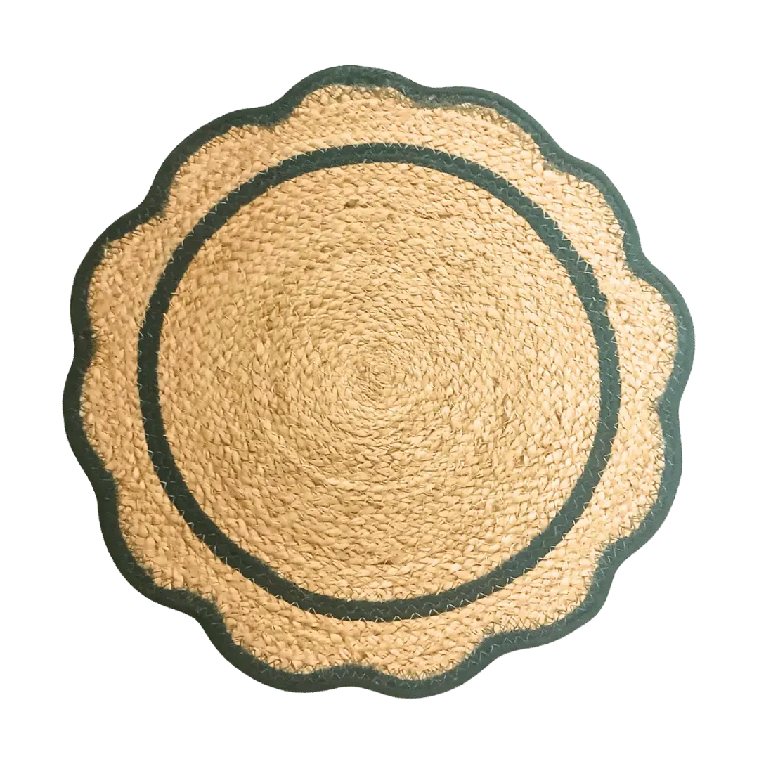 Green Cotton Scalloped Jute Round Placemats - Set of 10