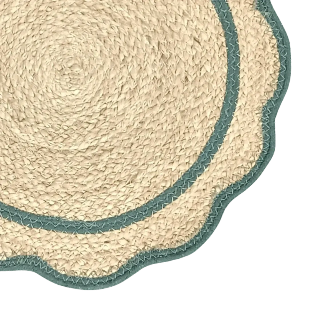 Green Cotton Scalloped Jute Round Placemats - Set of 10