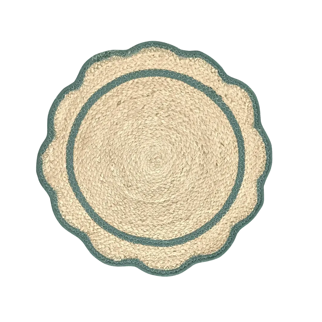 Green Cotton Scalloped Jute Round Placemats - Set of 10