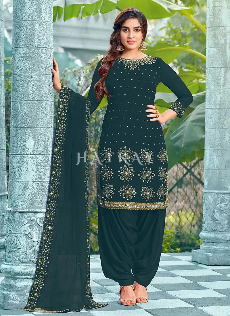 Green Mirror Work Embroidered Patiala Suit