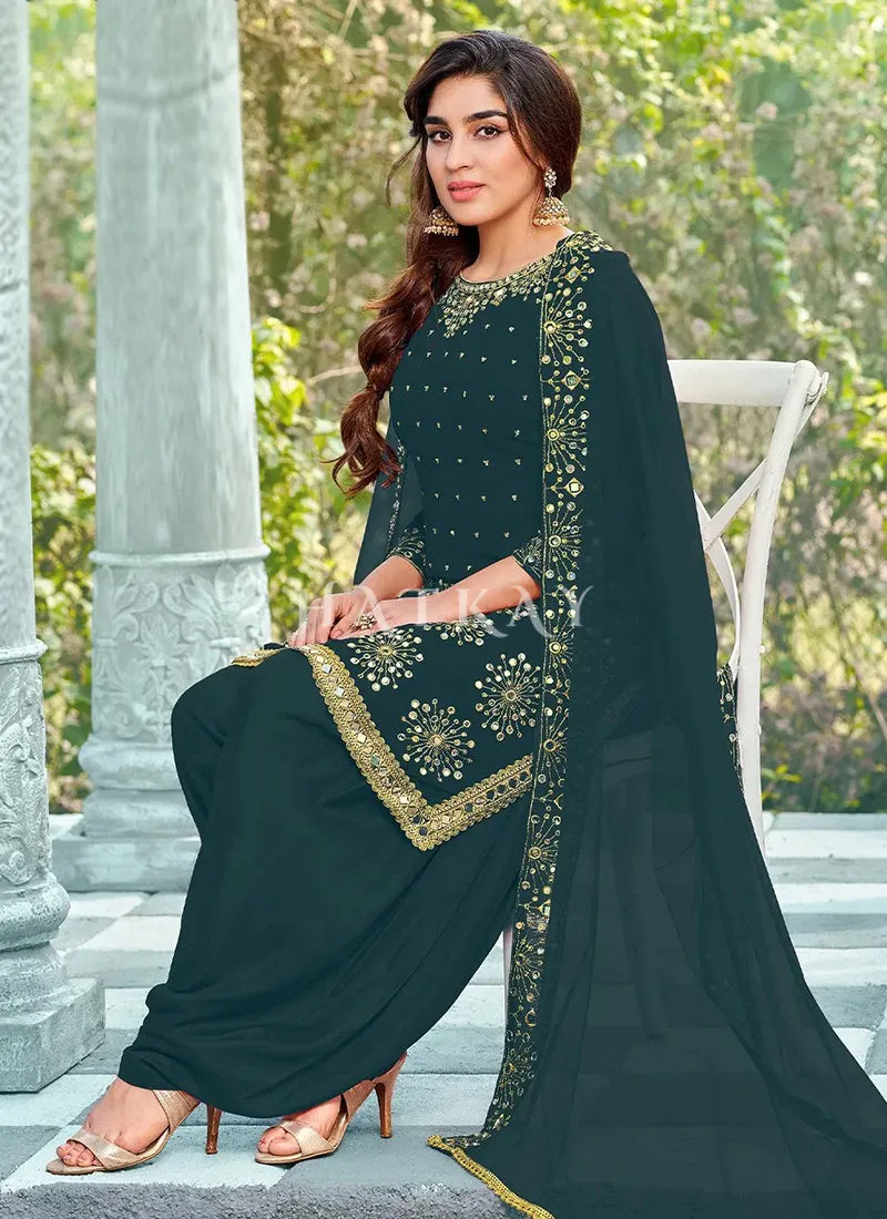 Green Mirror Work Embroidered Patiala Suit