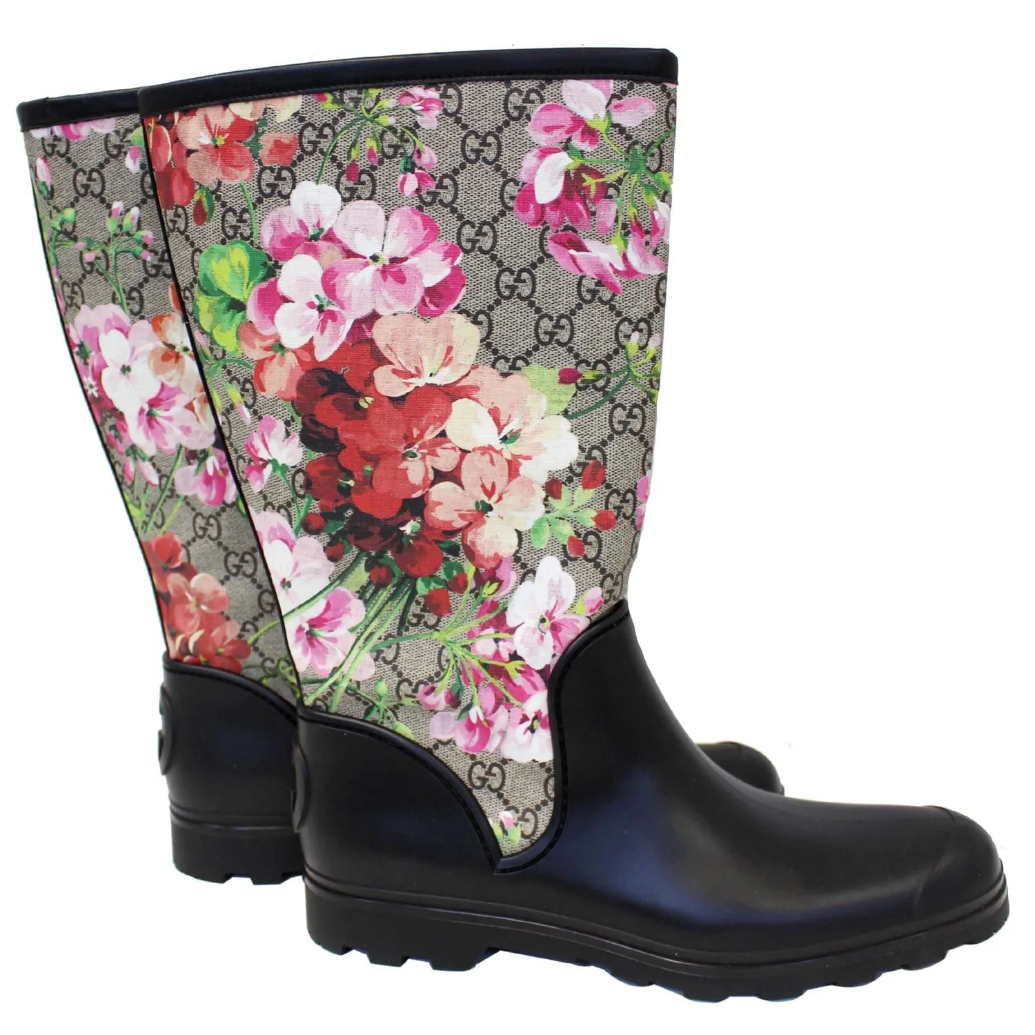 GUCCI GG Supreme Monogram Blooms Flat Rubber Boots Size 41
