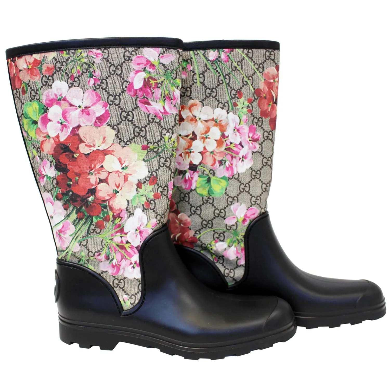 GUCCI GG Supreme Monogram Blooms Flat Rubber Boots Size 41