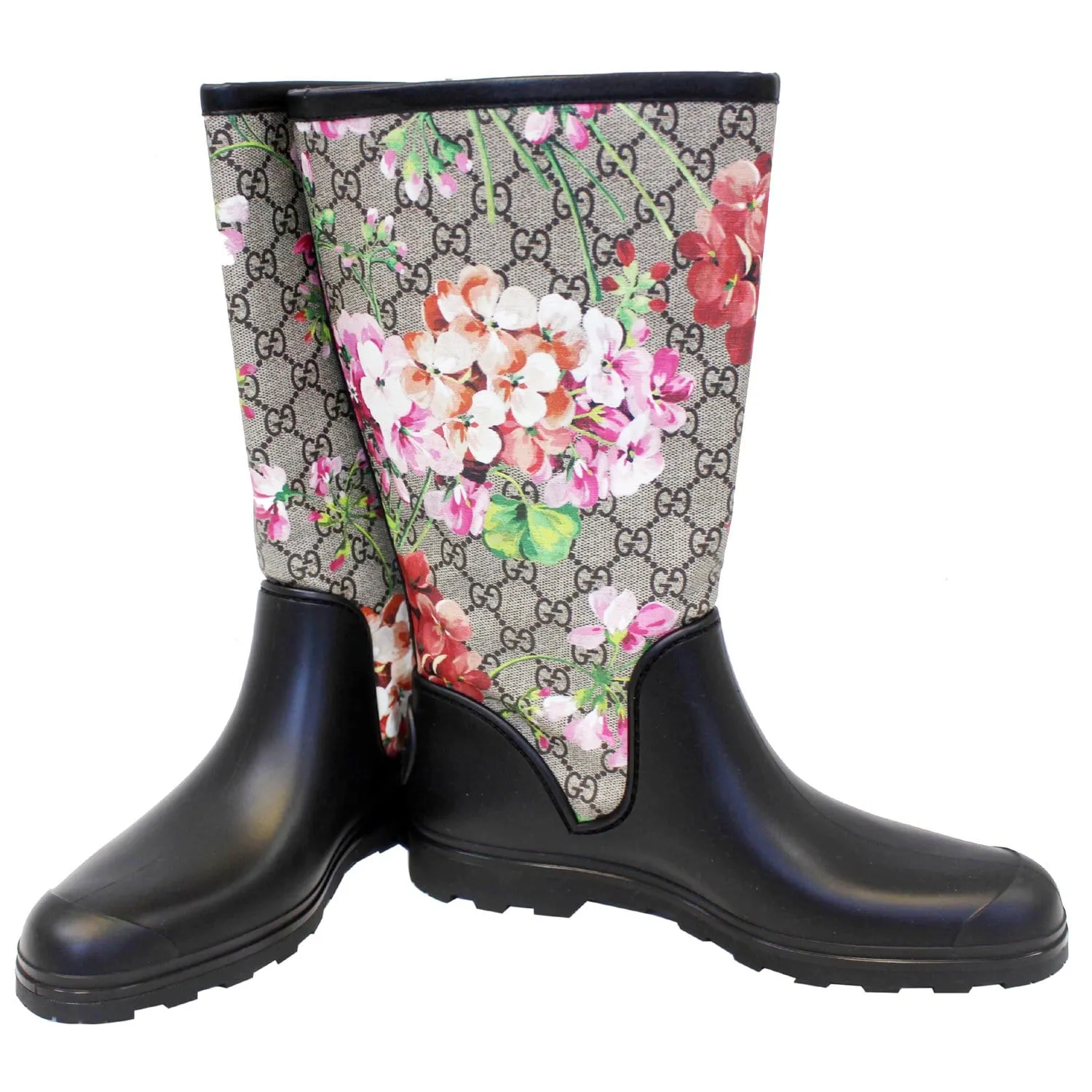 GUCCI GG Supreme Monogram Blooms Flat Rubber Boots Size 41