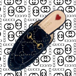 Gucci Princetown Navy Velvet GG Mules