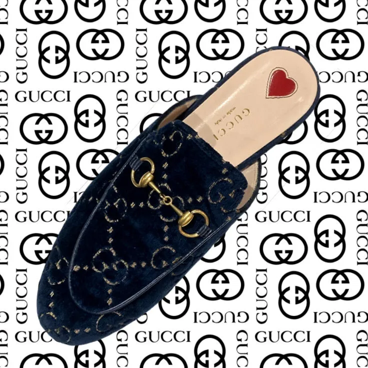 Gucci Princetown Navy Velvet GG Mules