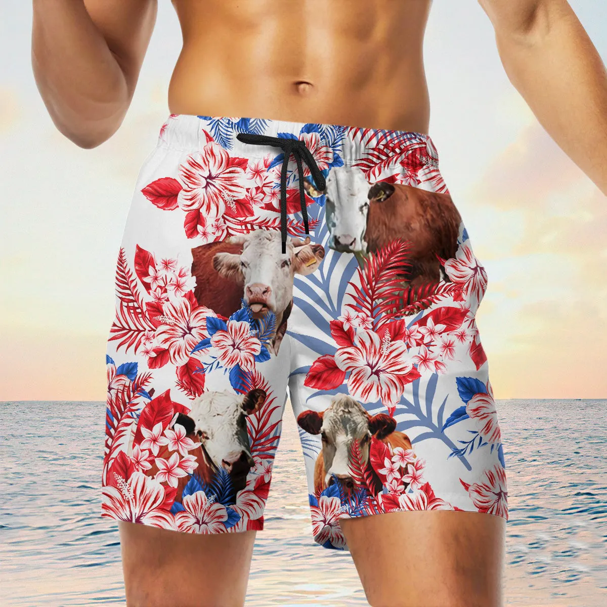 hereford cow In American Flag Pattern Shorts