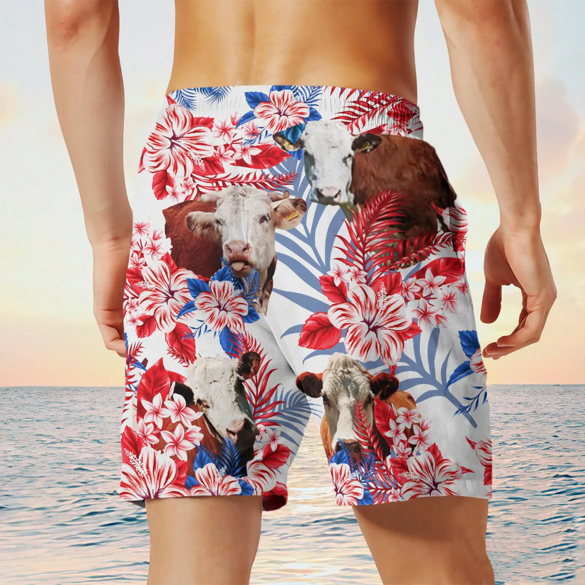 hereford cow In American Flag Pattern Shorts