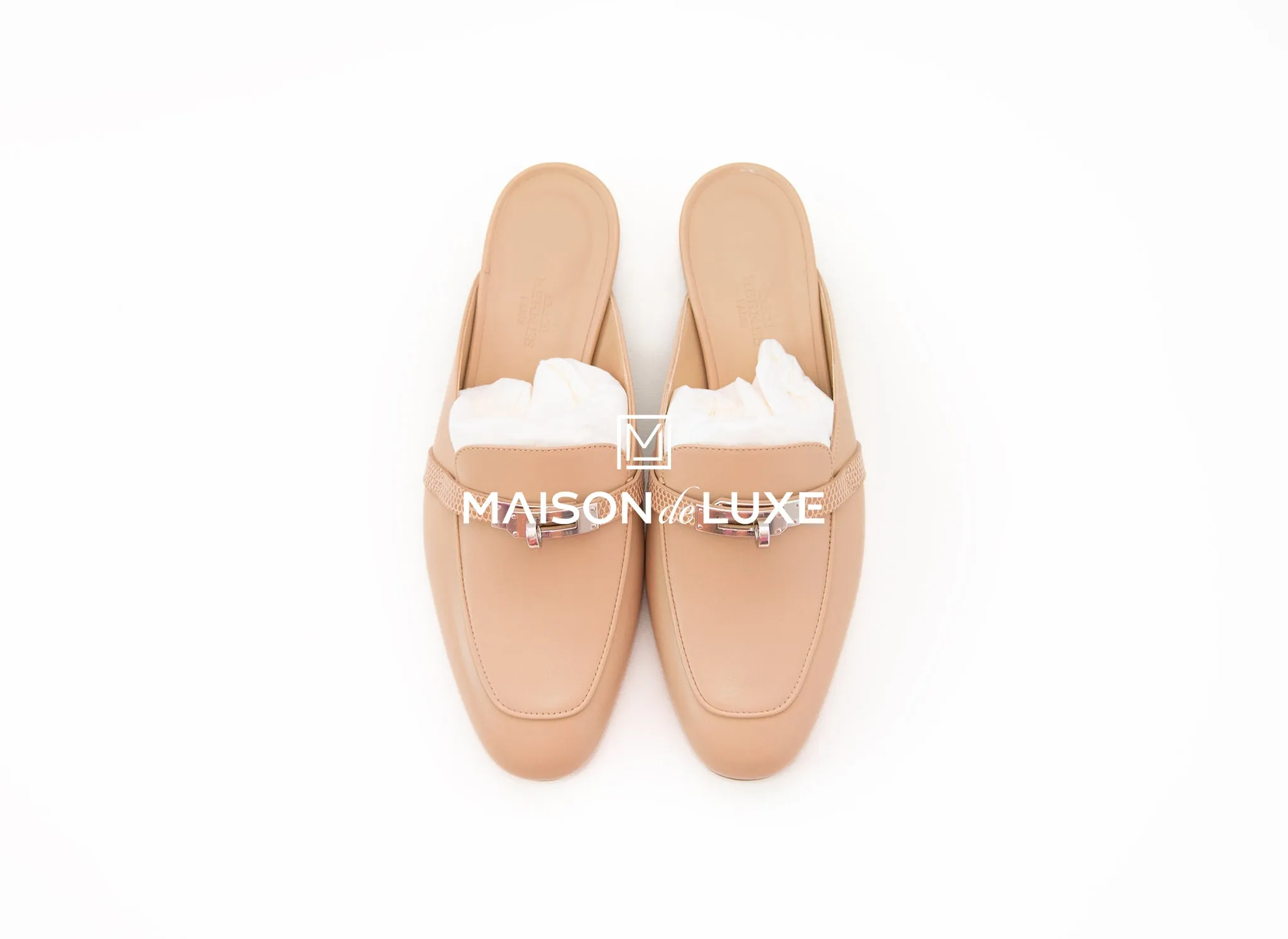 Hermes Beige Sarrazin OZ Kelly Mules 37 Lizard