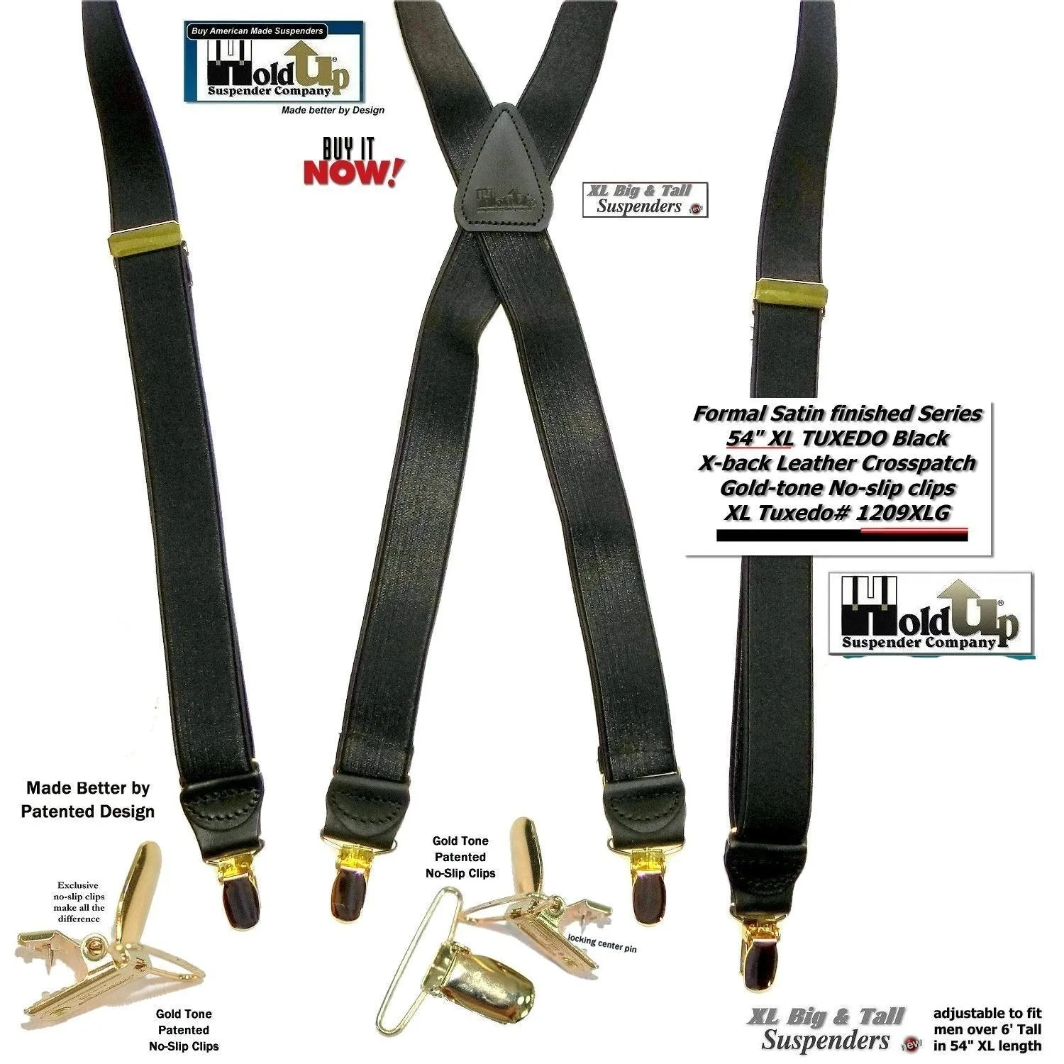 Hold-Ups XL Tuxedo Black Satin Finish 1" Wide, X-back style Suspenders with USA Patented No-slip Gold Clips