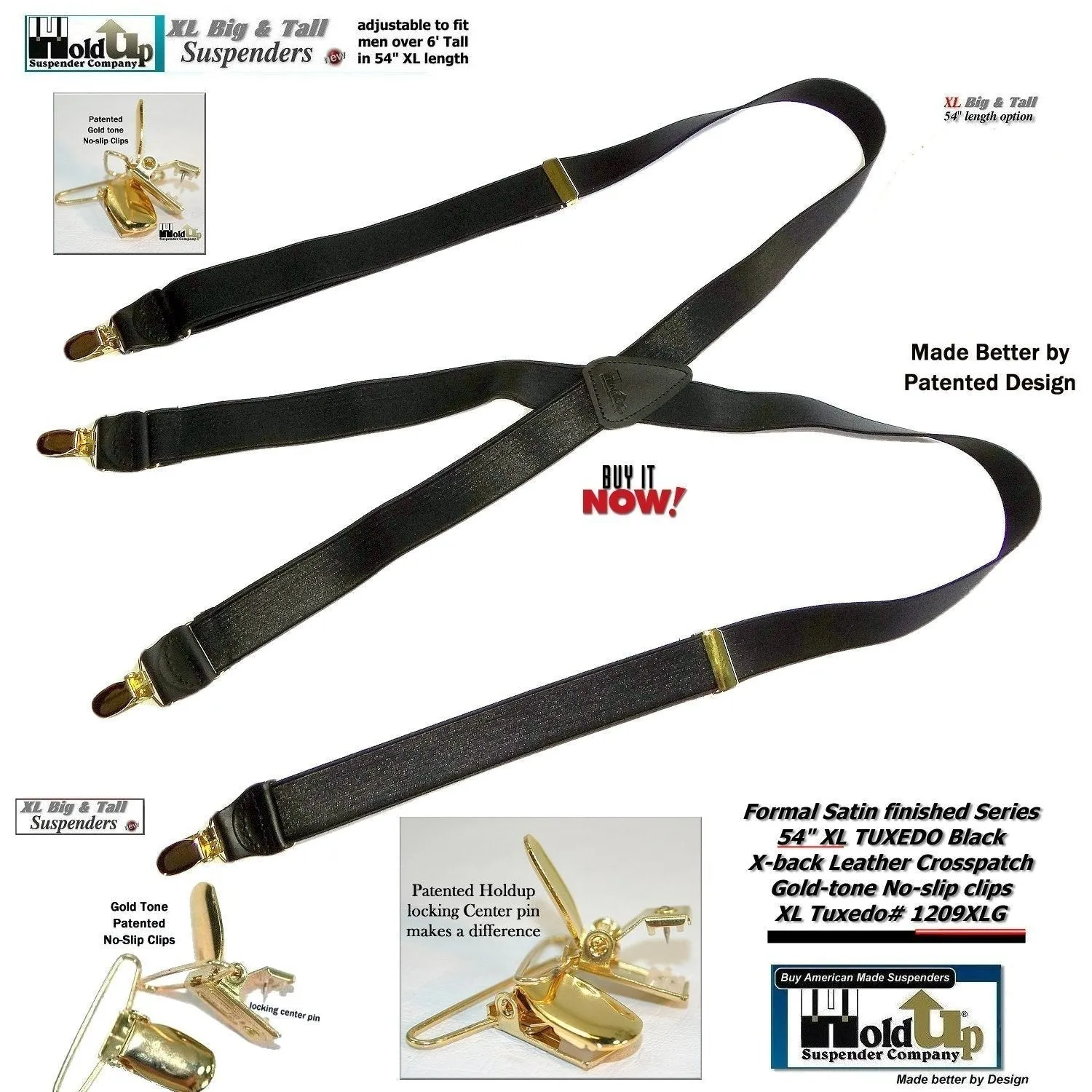 Hold-Ups XL Tuxedo Black Satin Finish 1" Wide, X-back style Suspenders with USA Patented No-slip Gold Clips