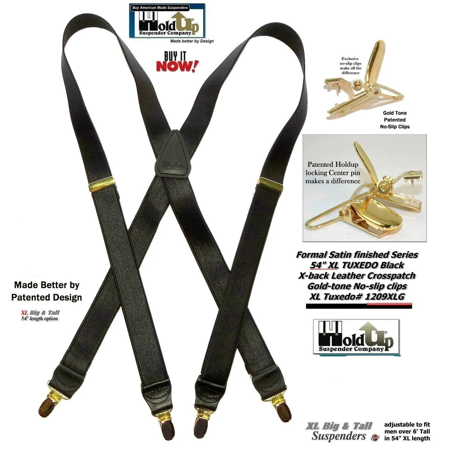 Hold-Ups XL Tuxedo Black Satin Finish 1" Wide, X-back style Suspenders with USA Patented No-slip Gold Clips