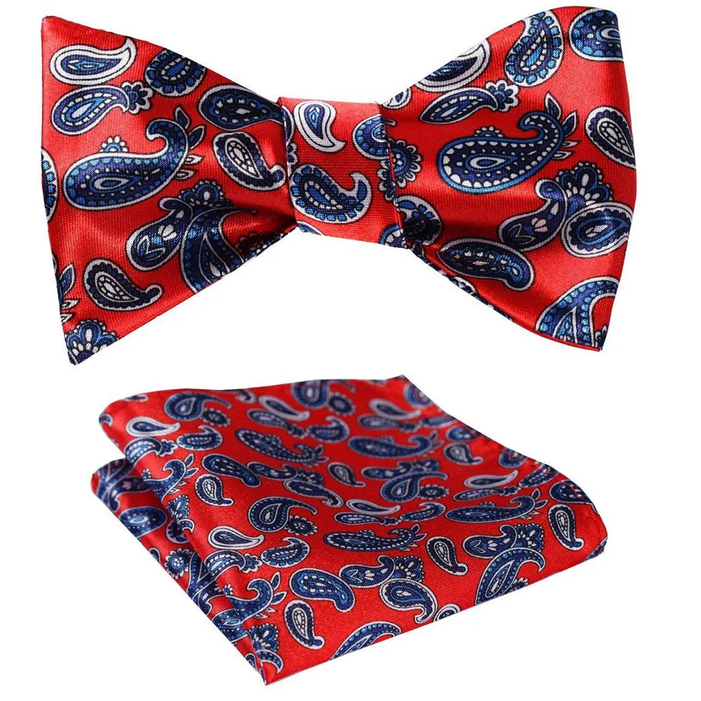 Hot Red Blue Pailsey Mens Silk Self tie Bow Tie with Pocket Squares Set