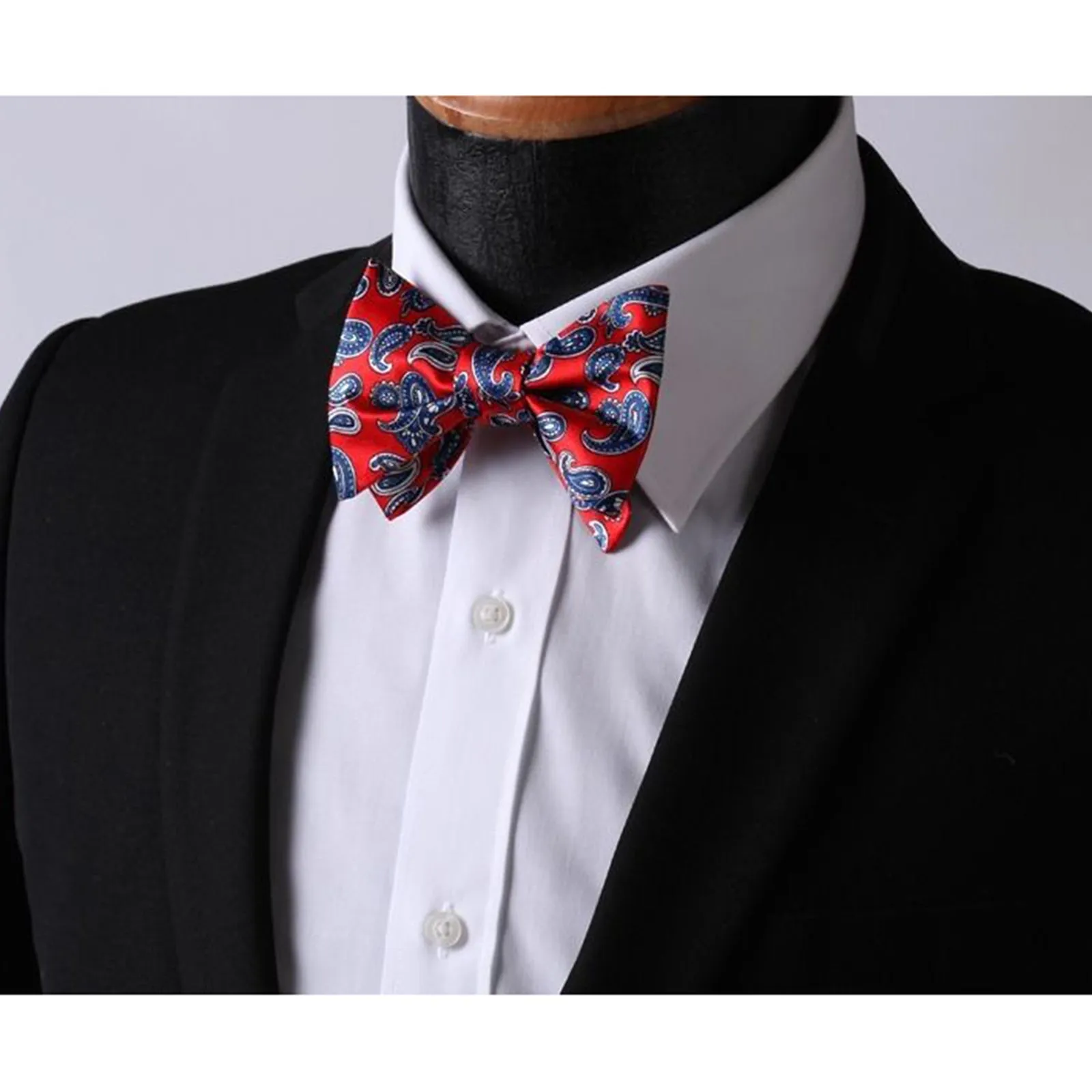 Hot Red Blue Pailsey Mens Silk Self tie Bow Tie with Pocket Squares Set