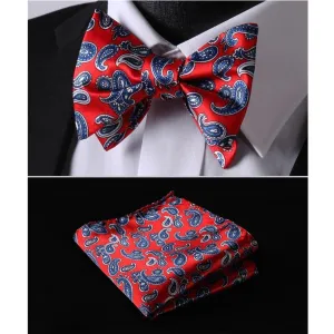 Hot Red Blue Pailsey Mens Silk Self tie Bow Tie with Pocket Squares Set