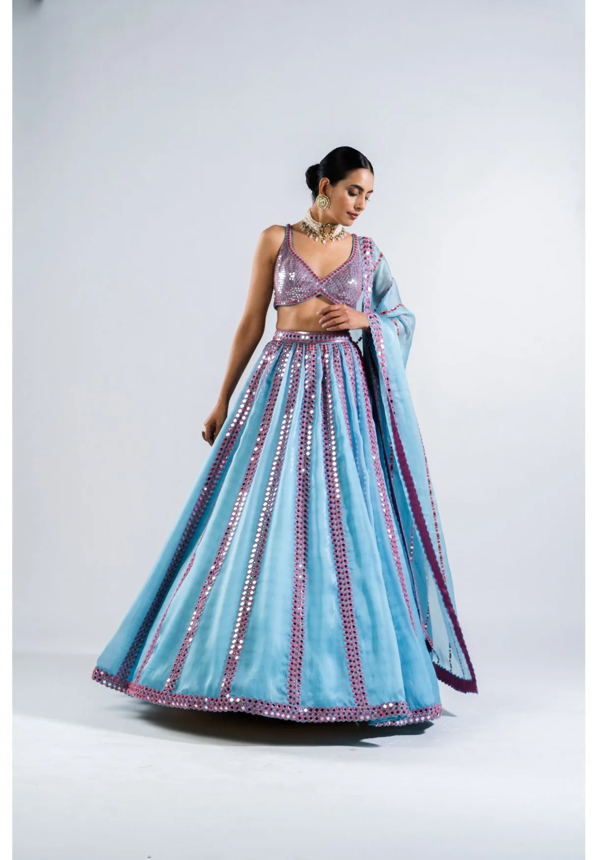 Ice Blue Mirror Seam Lehenga Set