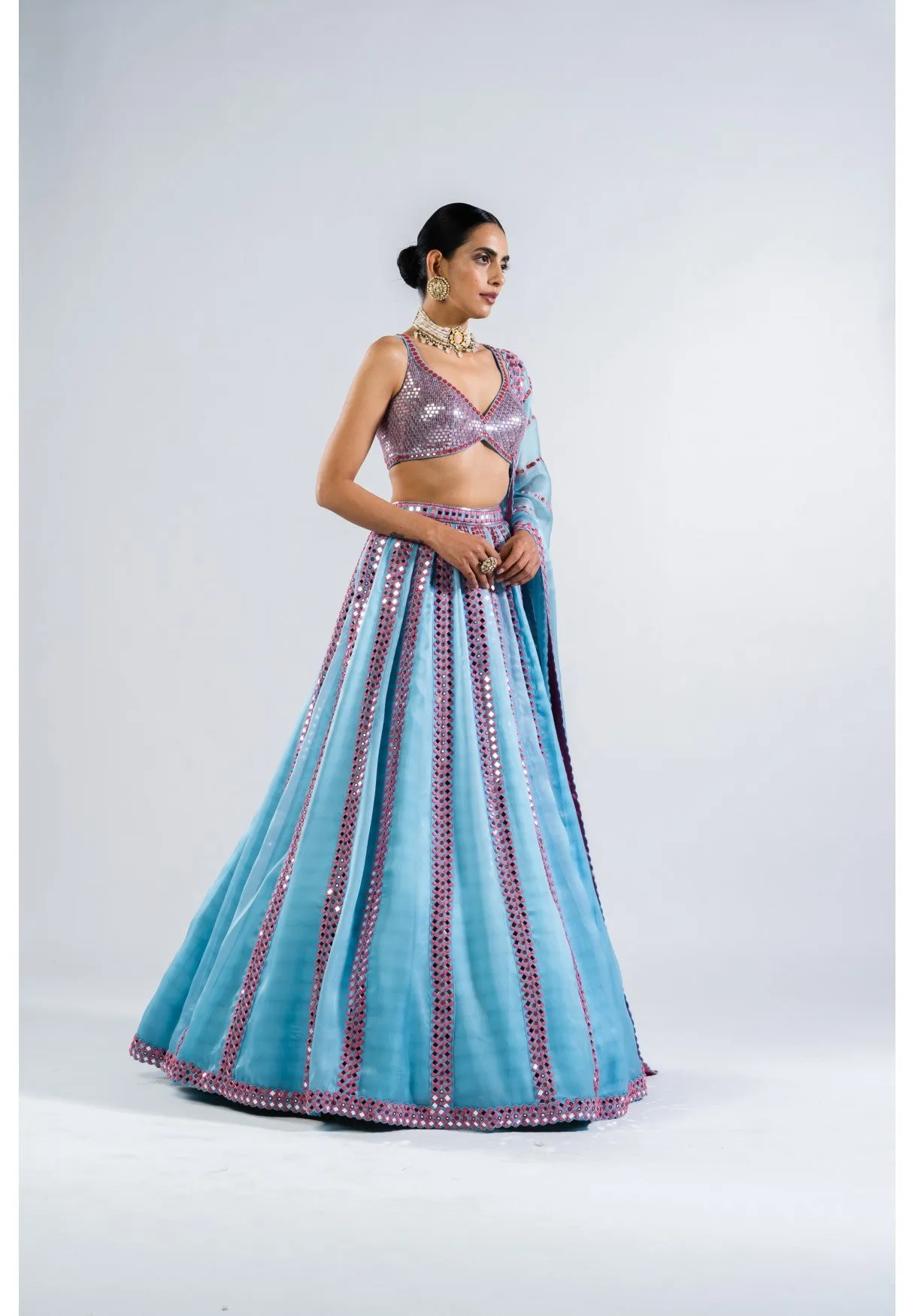Ice Blue Mirror Seam Lehenga Set
