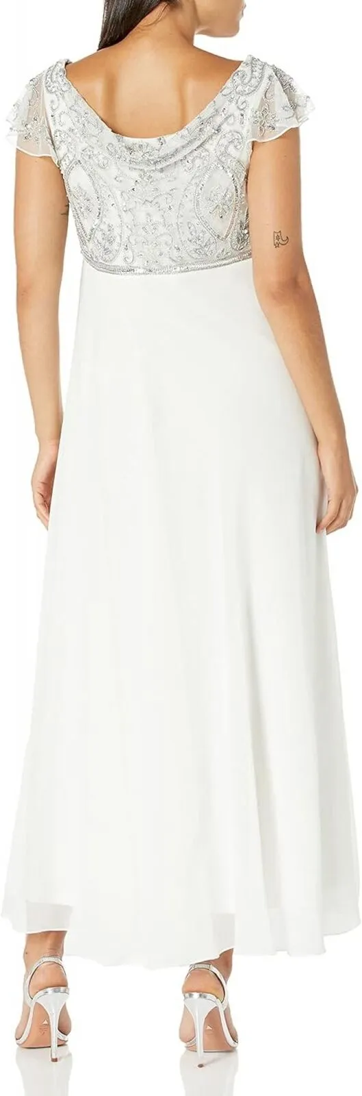 J Kara Womens Cowlneck Beaded Short Sleeve Gown Formal Dress White 8P