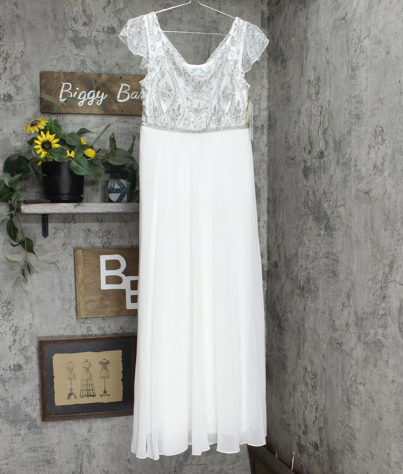 J Kara Womens Cowlneck Beaded Short Sleeve Gown Formal Dress White 8P