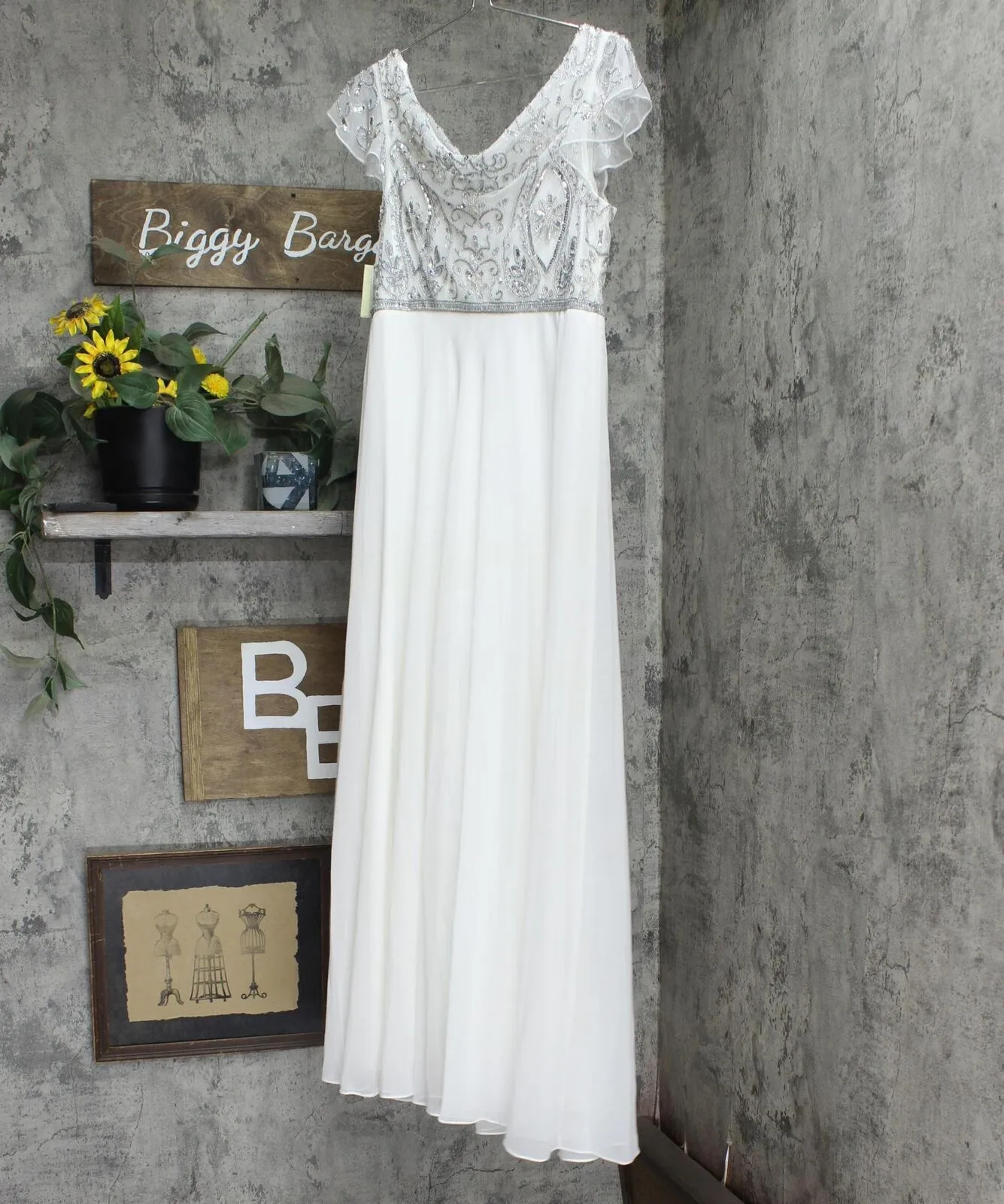 J Kara Womens Cowlneck Beaded Short Sleeve Gown Formal Dress White 8P