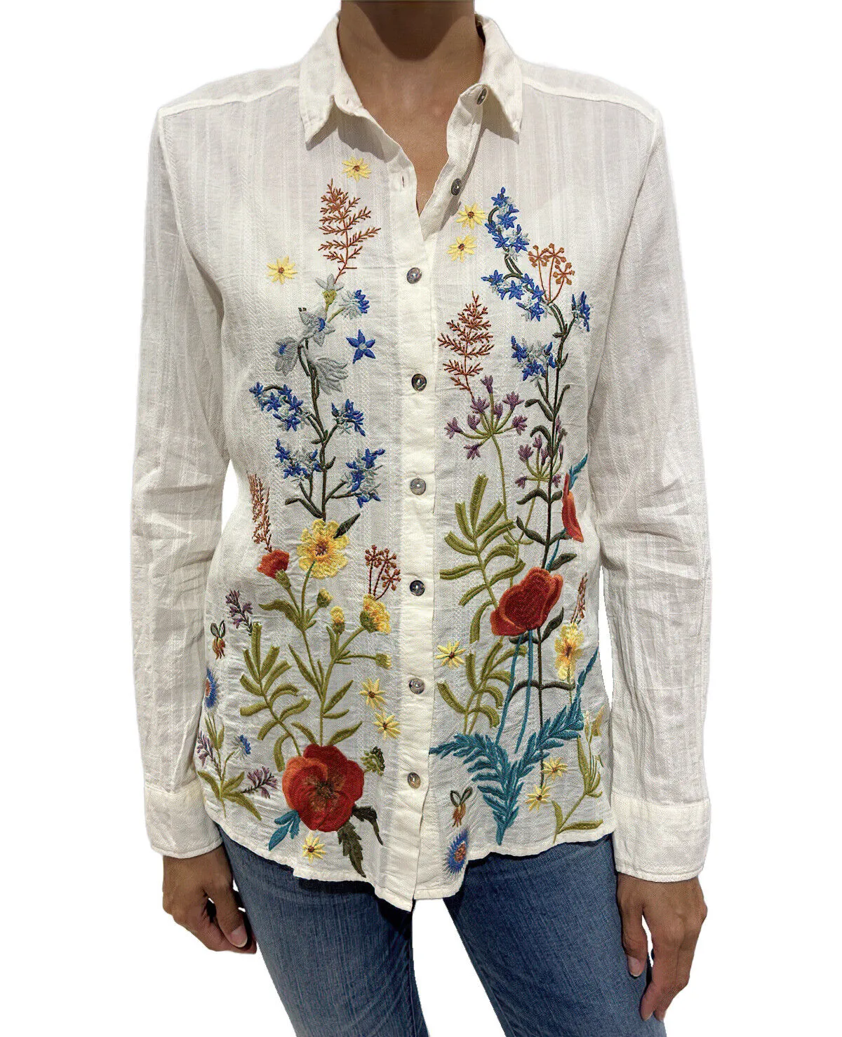 Johnny Was Provence Blouse White Long Button Top Flower Embroidery Antique Large New